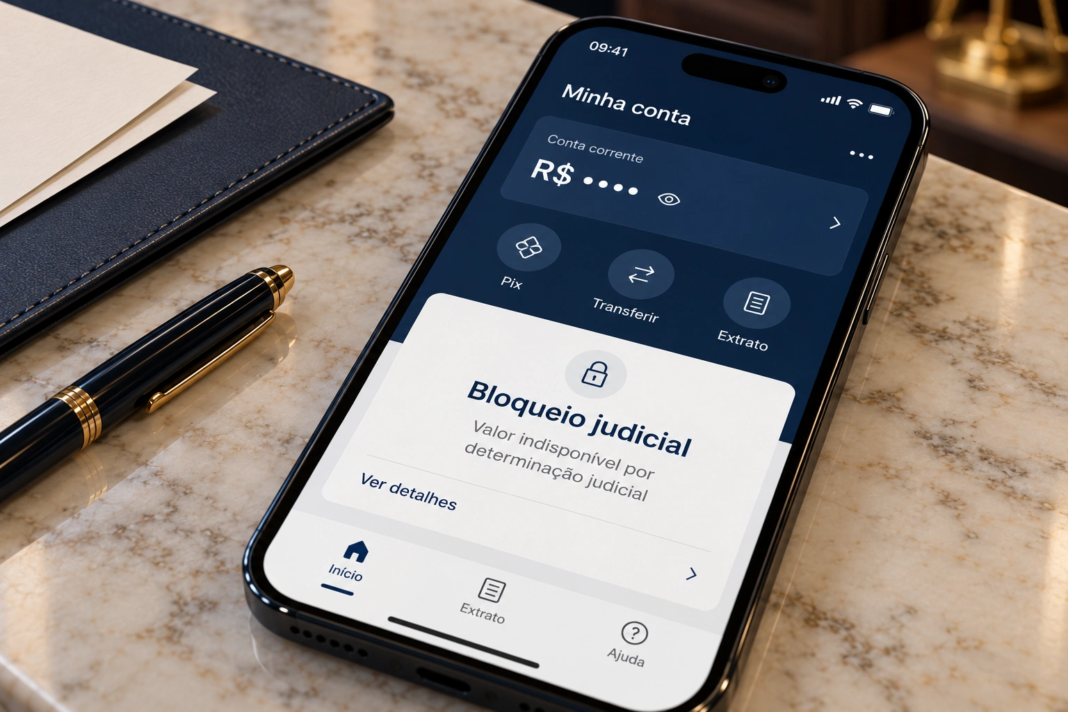 Celular sobre mesa de mármore com interface bancária fictícia e aviso de bloqueio judicial, acompanhado de pasta e caneta.