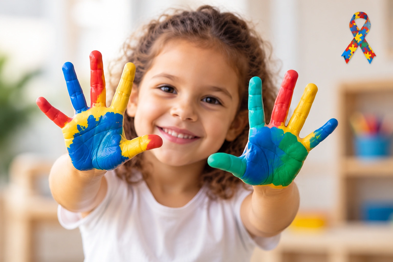 Criança com as mãos pintadas de várias cores e laço de conscientização sobre o autismo no canto superior direito da fotografia.