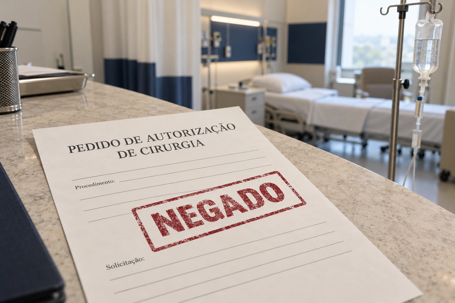 Pedido fictício de autorização de cirurgia com carimbo “NEGADO”, sobre bancada clara, com leito hospitalar e soro ao fundo.