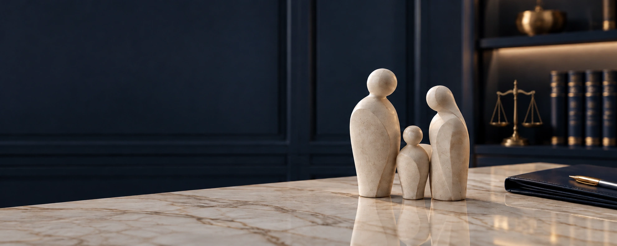 Escultura de família em marfim sobre mesa de mármore, com balança dourada ao fundo no escritório navy.