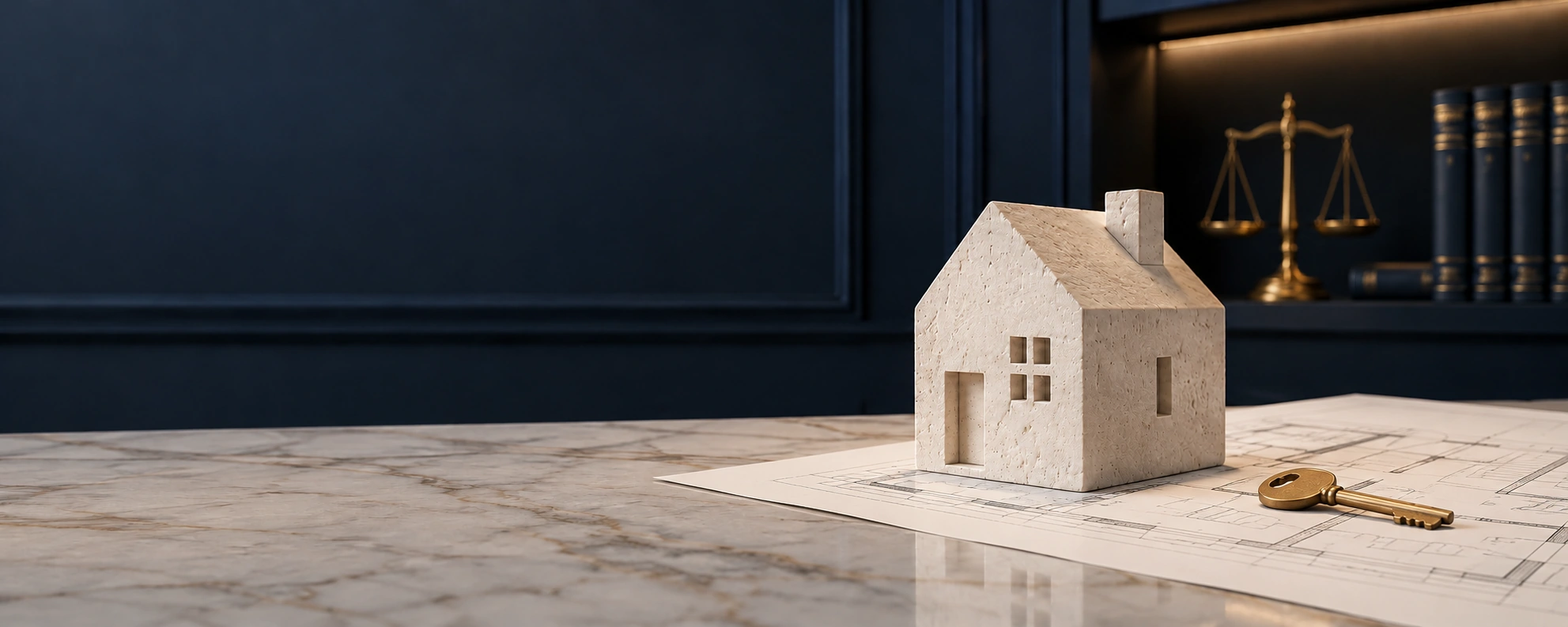 Miniatura de casa em marfim e chave dourada sobre planta arquitetônica em mesa de mármore.